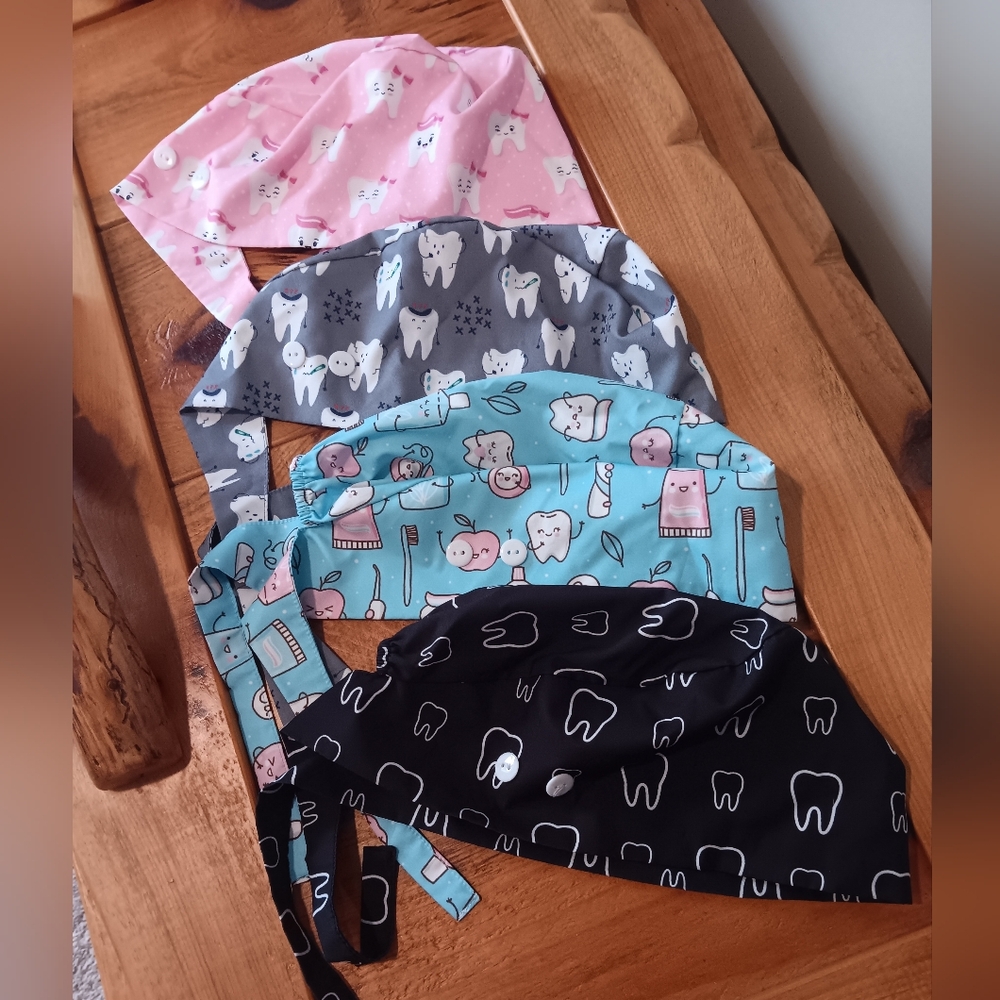 Dental-Themed Scrub Caps Set - Pink, Gray, Blue, Black